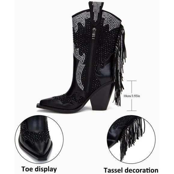 Feinlina Black Western Cowboy Boots Women Pointed Toe Chunky Heel Tassel Style - Picture 3 of 6